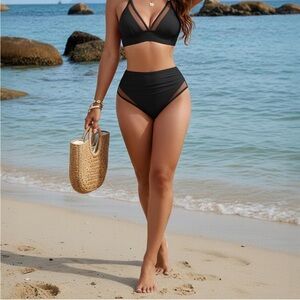 High-Waist Black Strappy Bikini Set